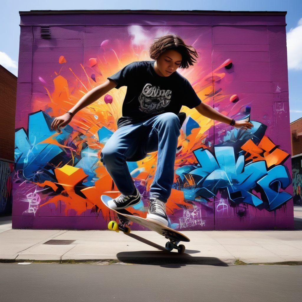 A vibrant graffiti mural depicting diverse modern youth engaged in various cultural activities, such as skateboarding, dancing, and using technology, set against a colorful urban backdrop. The scene conveys a sense of community and creativity, with musical elements and street art enhancing the energetic atmosphere. super-realistic. vibrant colors. urban setting.