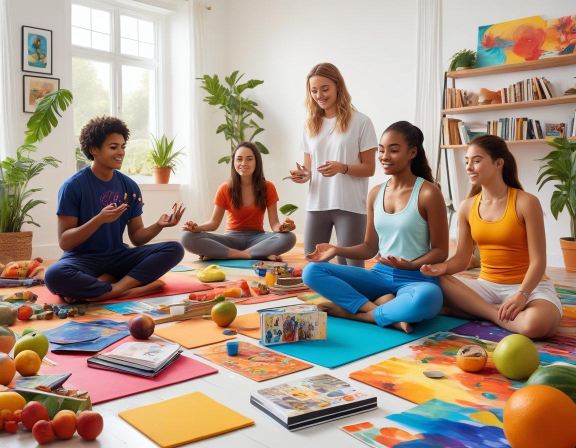 A dynamic scene depicting diverse teenagers engaged in various hobbies like painting, sports, and music, surrounded by vibrant health-related elements like fruits, yoga mats, and books. The background should be lively and colorful, symbolizing growth and wellness, with abstract illustrations representing mental health and physical fitness. Include symbols of friendship and joy to highlight the social aspect of hobbies. super-realistic. vibrant colors. white background.