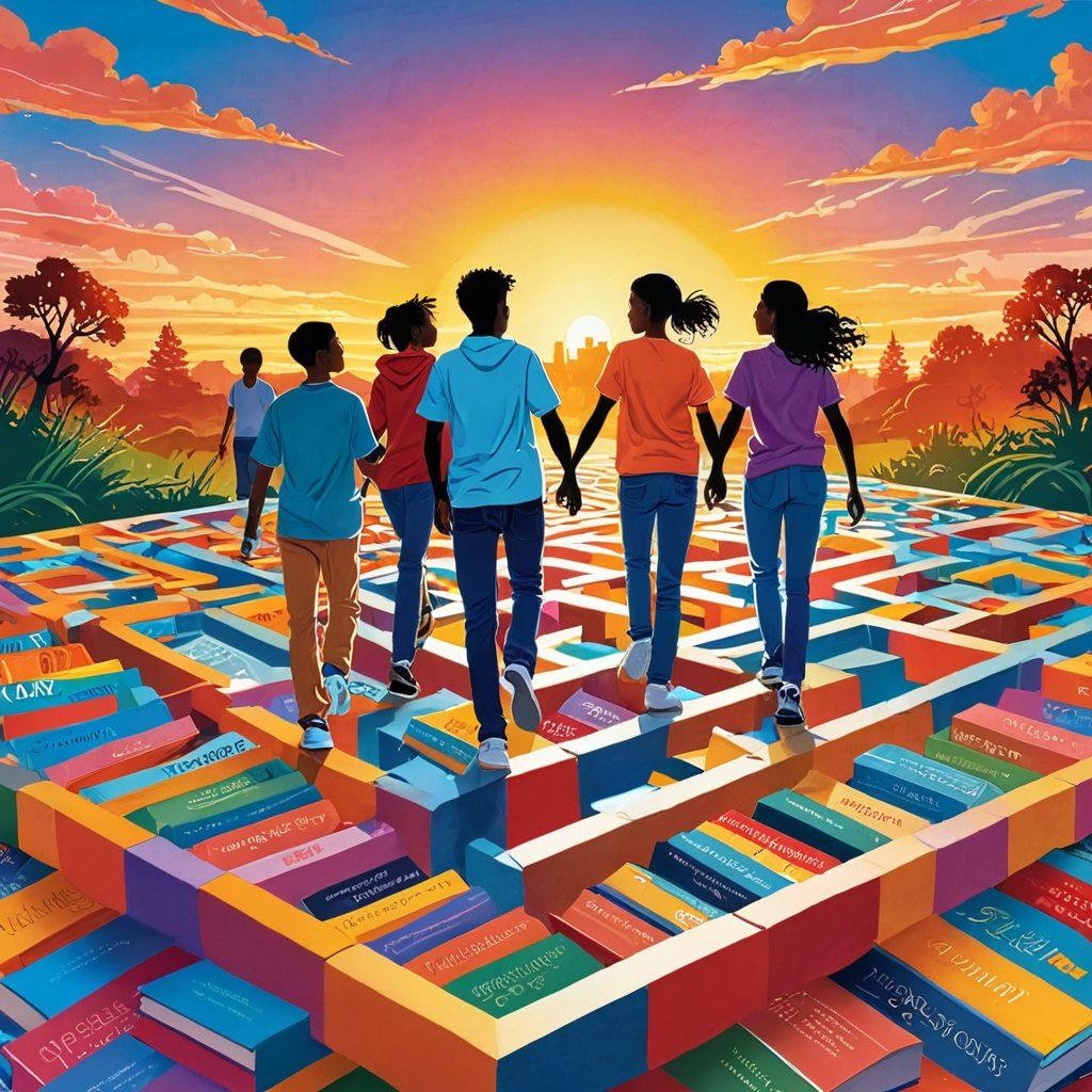 A dynamic and colorful illustration depicting a diverse group of teenagers joyfully navigating through a maze made of books and signposts symbolizing different life choices and challenges. Each teen represents unique interests and backgrounds, showcasing collaboration and friendships. The background features a bright sunset, signifying hope and opportunity. Vibrant colors with a modern, youthful style. vector art. vibrant colors.